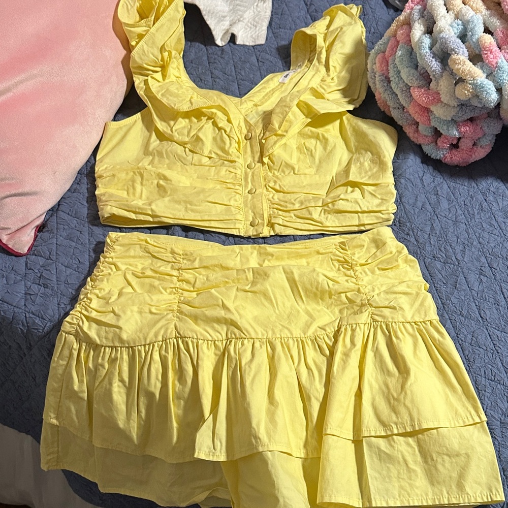Yellow Ruffle Crop Top and Skirt Set